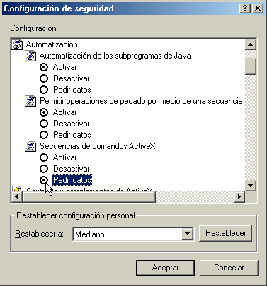 Busque en la lista de Configuración, "Automatización" y marque la opción "Pedir datos" bajo "Secuencias de comandos ActiveX".